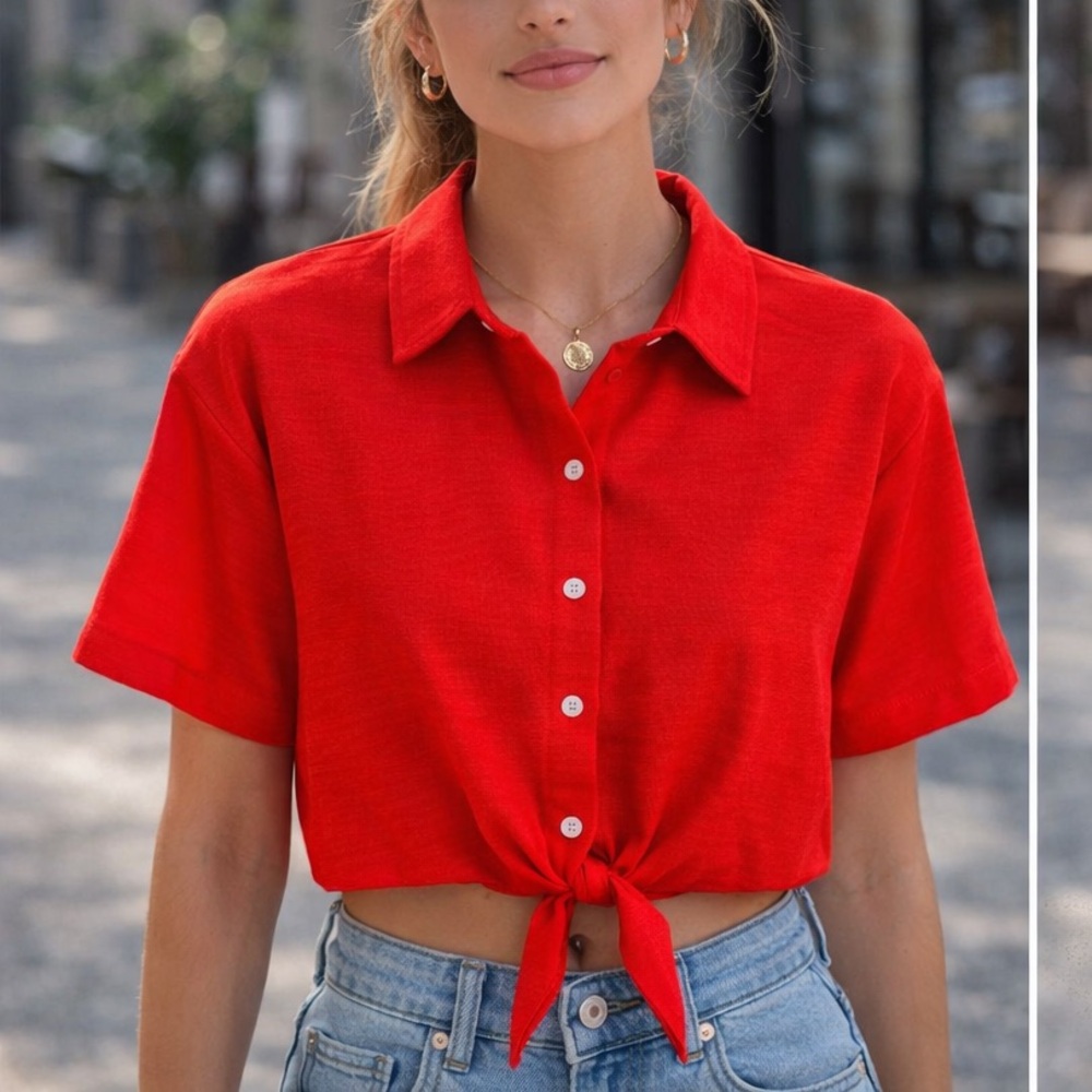 Red Cropped Button-Up Tie Front Top – Short Sleeve Blouse | Bold Summer